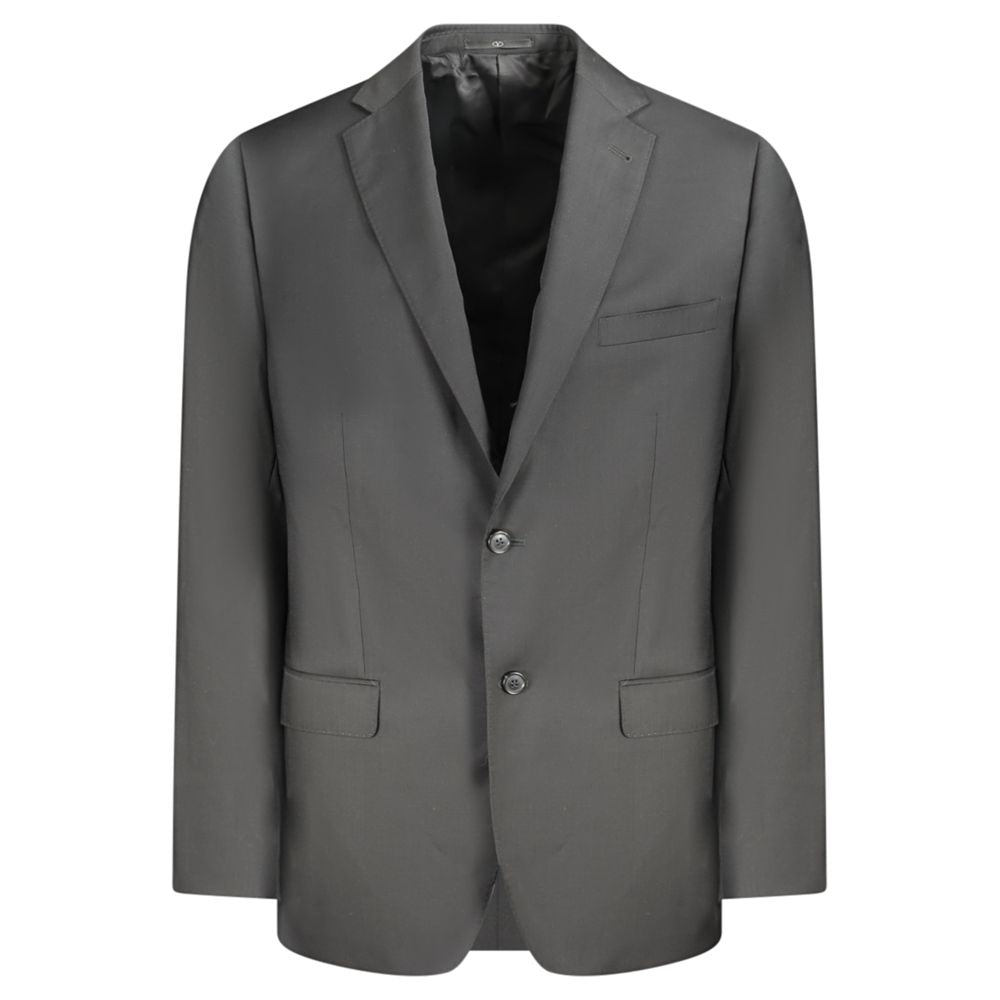 Valentino Black Wool Men Jacket featuring classic cut and practical pockets for sophistication and style.