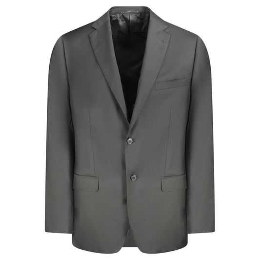 Valentino Black Wool Men Jacket featuring classic cut and practical pockets for sophistication and style.