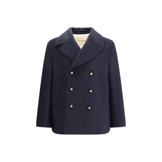 Valentino Blue Fleece Wool Coat with double-breasted design, wide lapels, and functional pockets, perfect for adding timeless elegance.