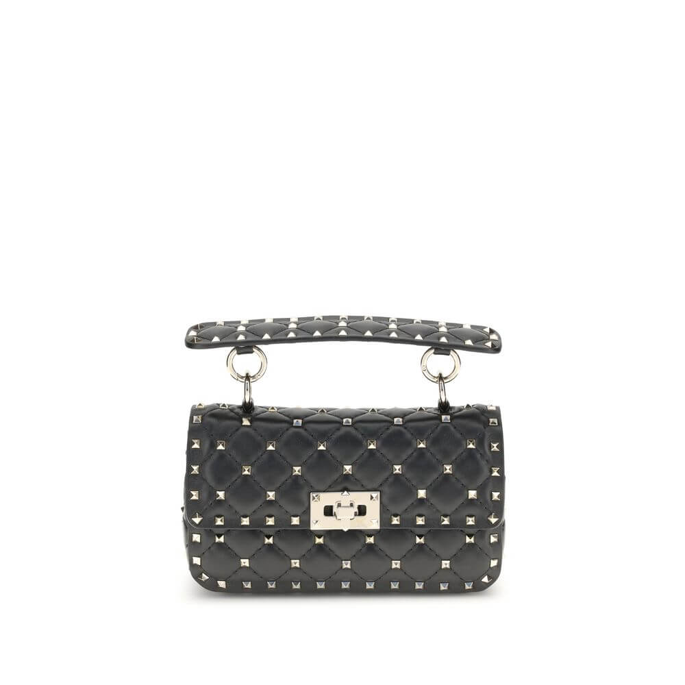 Valentino Garavani Black Calf Leather Bos Taurus Handbag with Rockstud detailing and studded shoulder strap, front view.