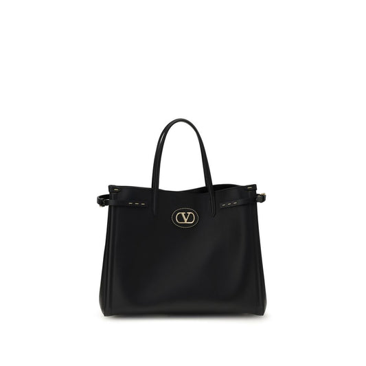 Valentino Garavani Black Calf Leather Bos Taurus Handbag with Rockstud detailing and studded shoulder strap, front view.