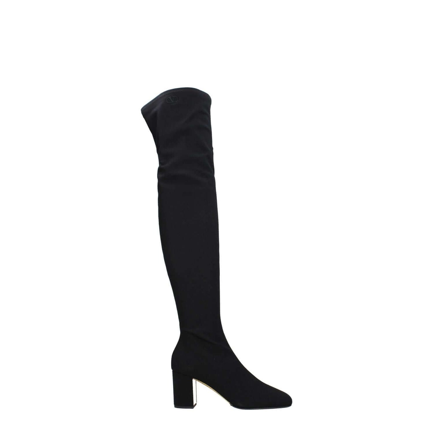 Valentino Garavani Black Fabric Over The Knee boots with side logo, square toe, and mid heels, featuring zip closure and leather sole.