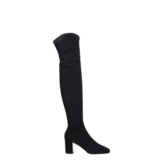 Valentino Garavani Black Fabric Over The Knee boots with side logo, zip closure, square toe, leather sole, and mid heels, heel height 7 cm.