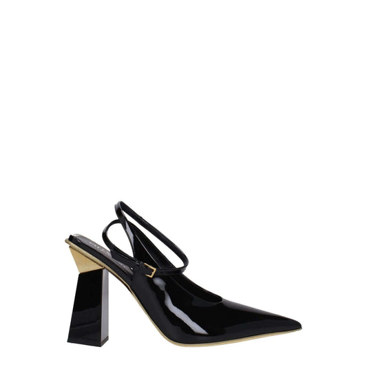 Valentino Garavani Black Leather Sandals with patent leather, high heel, and pointy toe. Casual style with buckle closure.