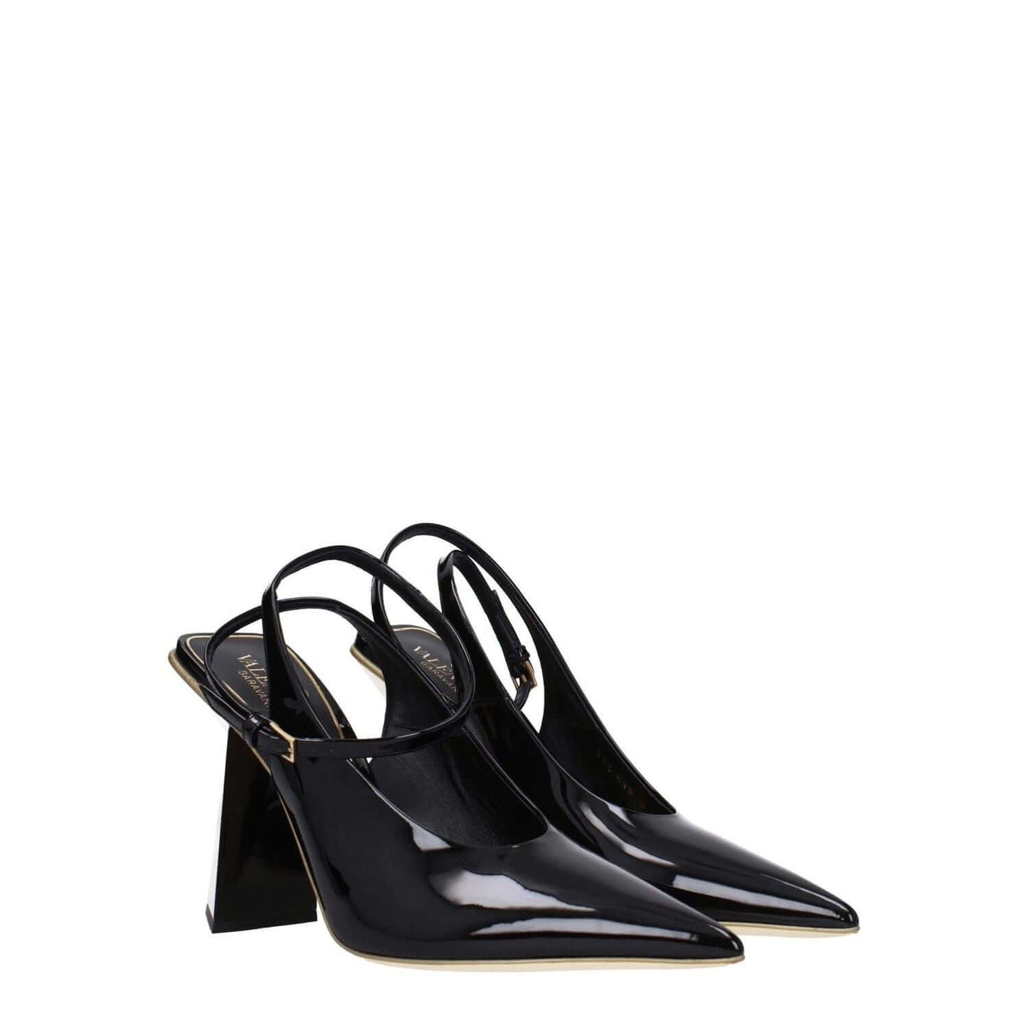 Valentino Garavani Black Leather Sandals with buckle closure, high heels, and pointy toe made from patent leather.