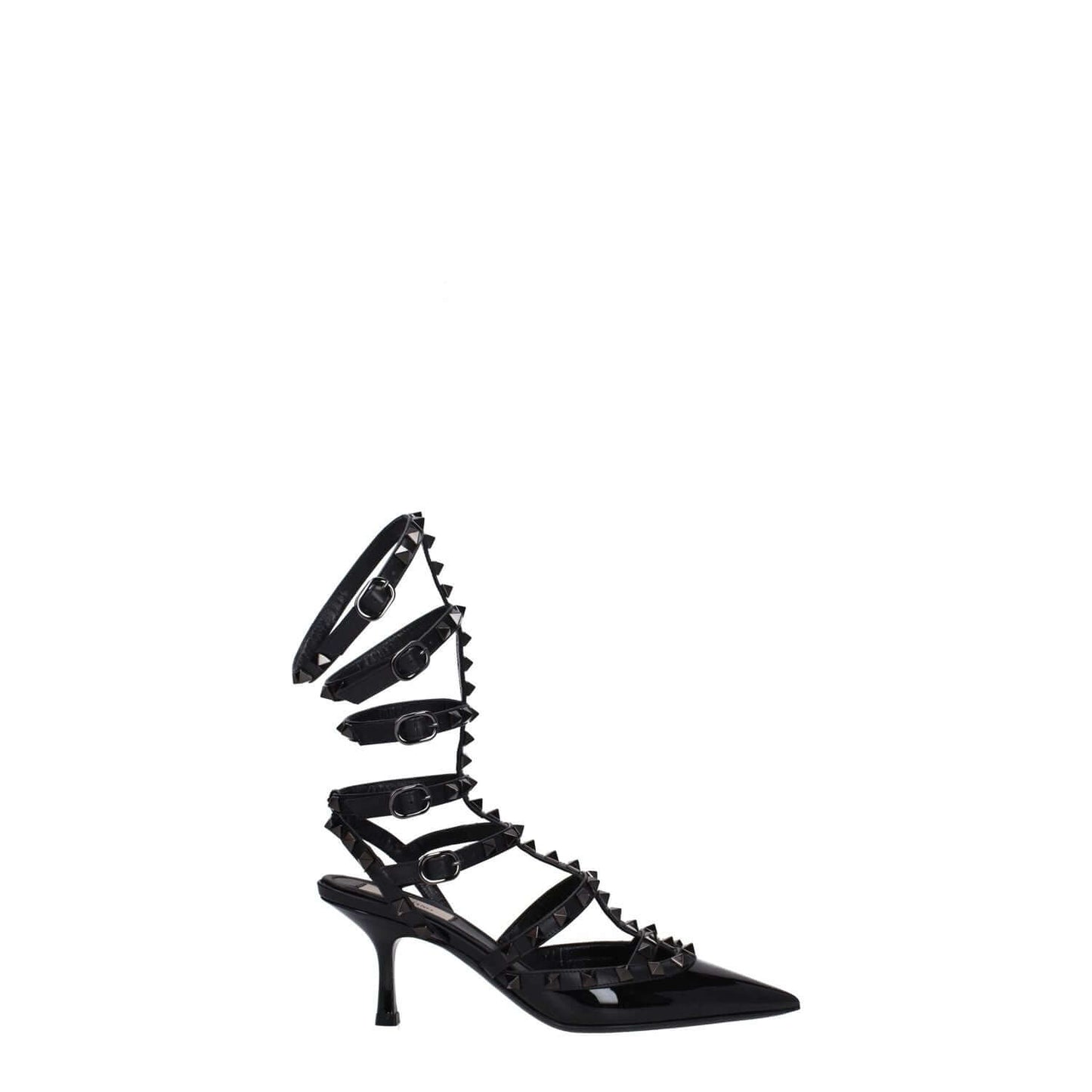 Valentino Garavani Black Leather Stiletto Heel Sandals with buckle closure and studs, patent leather material, mid-heel height 7 cm.