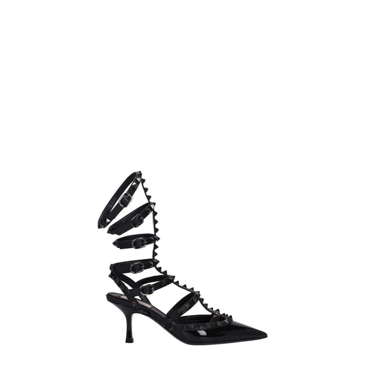 Valentino Garavani Black Leather Stiletto Heel Sandals with studs, buckle closure, pointy toe, and 7 cm mid heels.