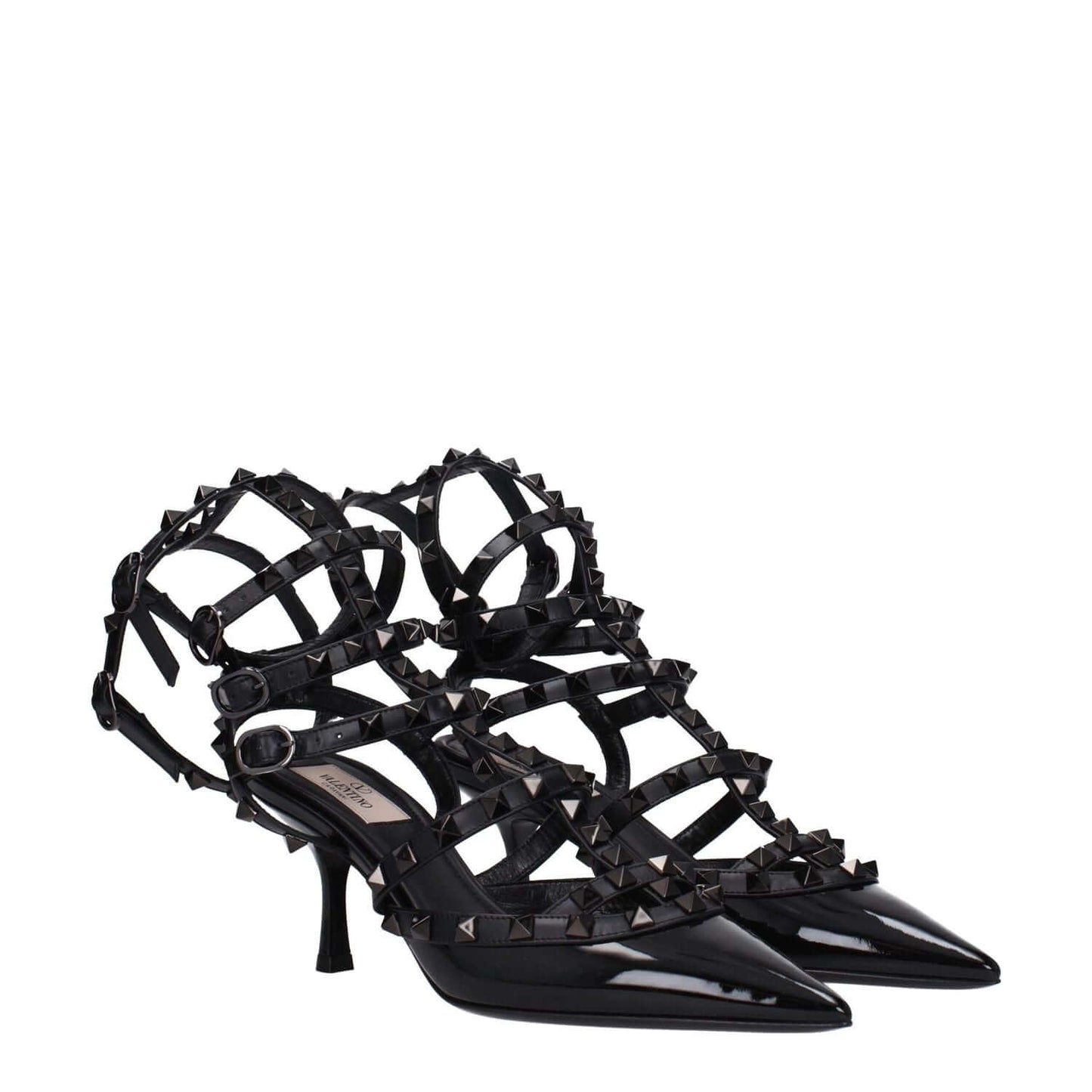 Valentino Garavani Black Leather Stiletto Heel Sandals with studs and buckle closure, 7cm pointy toe mid heels.