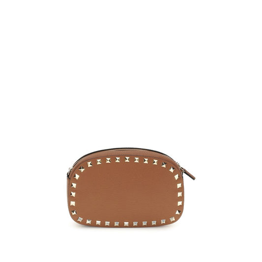 Valentino Garavani Brown Calf Leather Bos Taurus Shoulder Bag with platinum-finish studs and adjustable chain, stylish design AW25