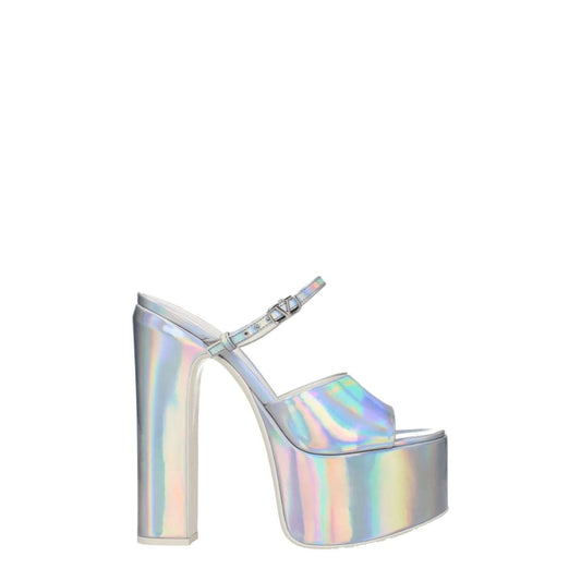 Valentino Garavani Gray Leather Platform Sandals with metallic effect, buckle closure, high heel, and open toe design.