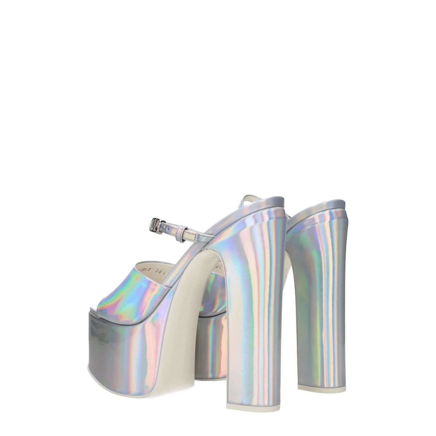 Valentino Garavani Gray Leather Platform Sandals with metallic effect, high heel, buckle closure, open toe, and patent leather finish.