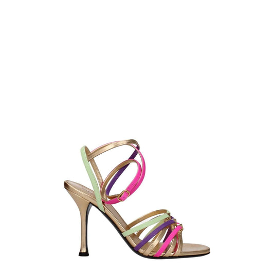 Valentino Garavani Multicolor Leather Stiletto Heel Sandals with studs, vintage effect, and buckle closure. High heel, open toe design.