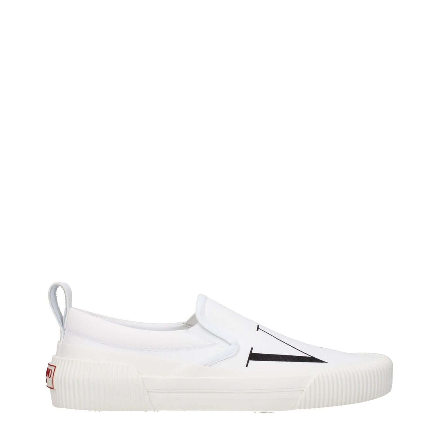 Valentino Garavani White Fabric Slip-On Loafers with rubber sole, front and back logo, round toe, casual style.