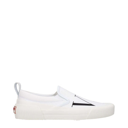 Valentino Garavani White Fabric Slip-On Loafers with rubber sole, front and back logo, round toe, casual style.