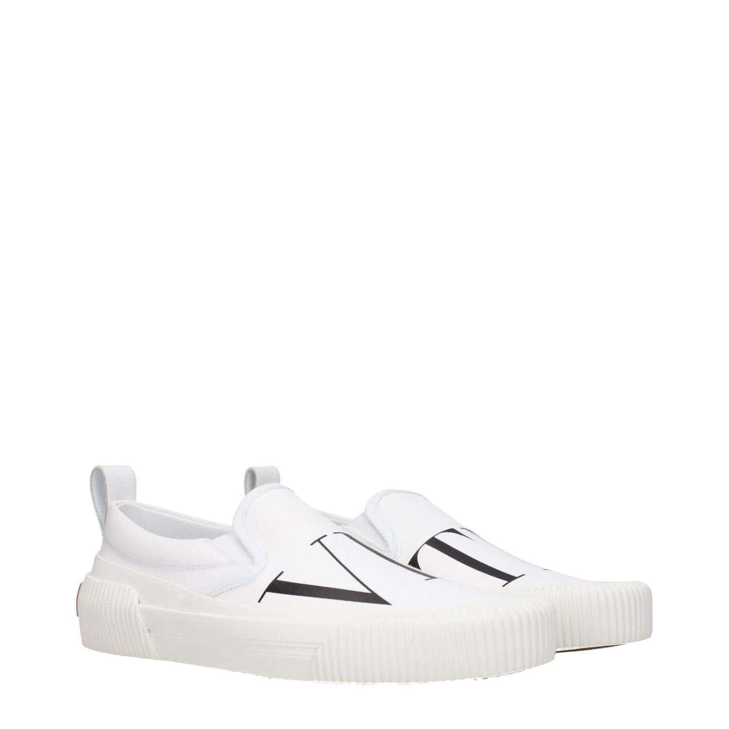 Valentino Garavani White Fabric Slip-On Loafers with front and back logo, round toe, rubber sole, low flat heel for casual wear.