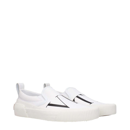 Valentino Garavani White Fabric Slip-On Loafers with front and back logo, round toe, rubber sole, low flat heel for casual wear.