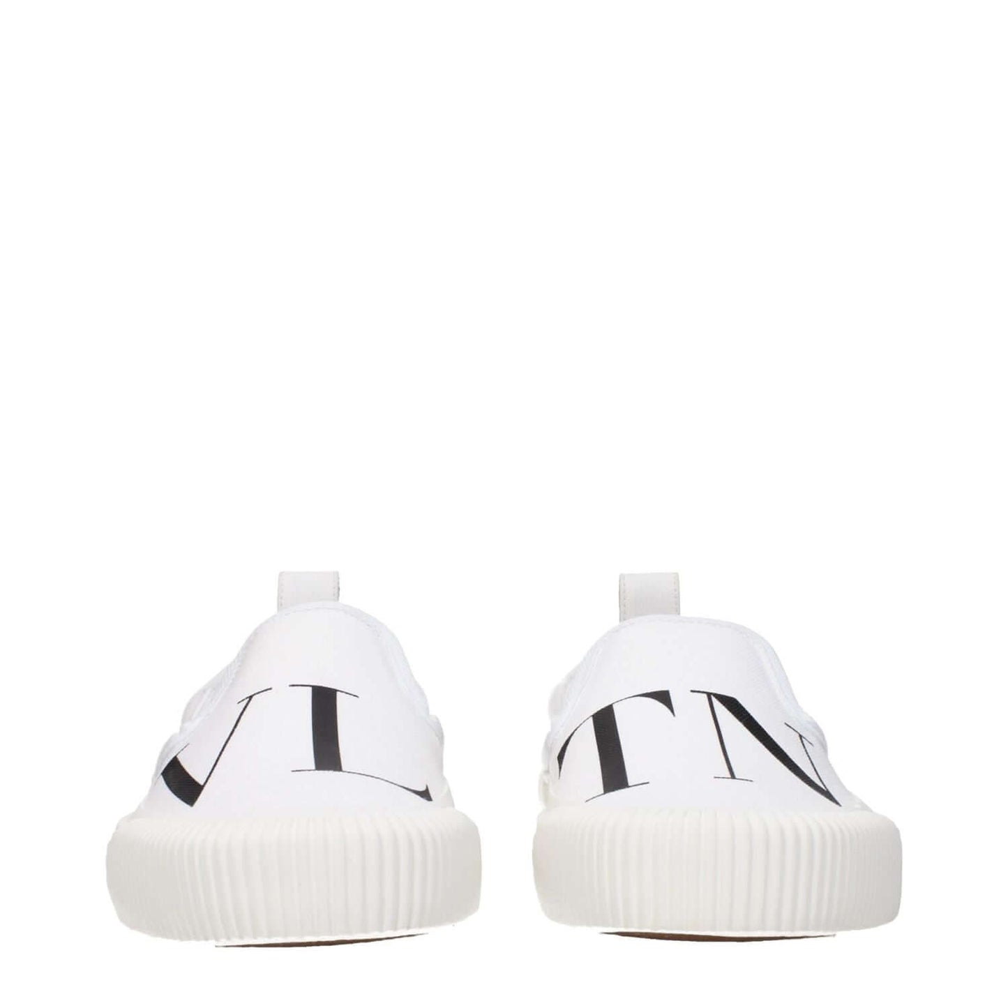 Valentino Garavani White Fabric Slip-On Loafers with front logo, rubber sole, round toe, and low-flat heel.