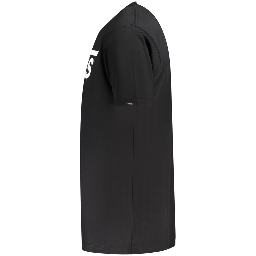 Side view of a Vans Black Cotton T-Shirt showing the classic fit and logo print. Short sleeve crew neck t-shirt for casual wear.