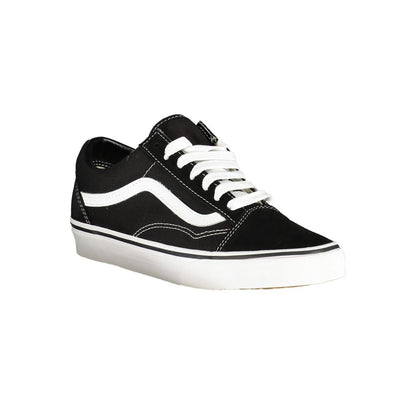 Vans Black Leather Women Sneaker with white accents and durable materials, showcasing iconic design in street style footwear.