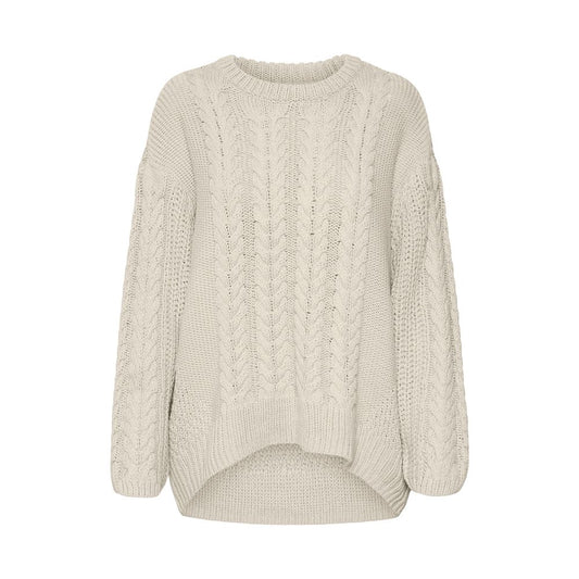 Vero Moda Beige Cotton Sweater with cable-knit pattern, perfect for colder seasons, offering a relaxed fit and elegant style.