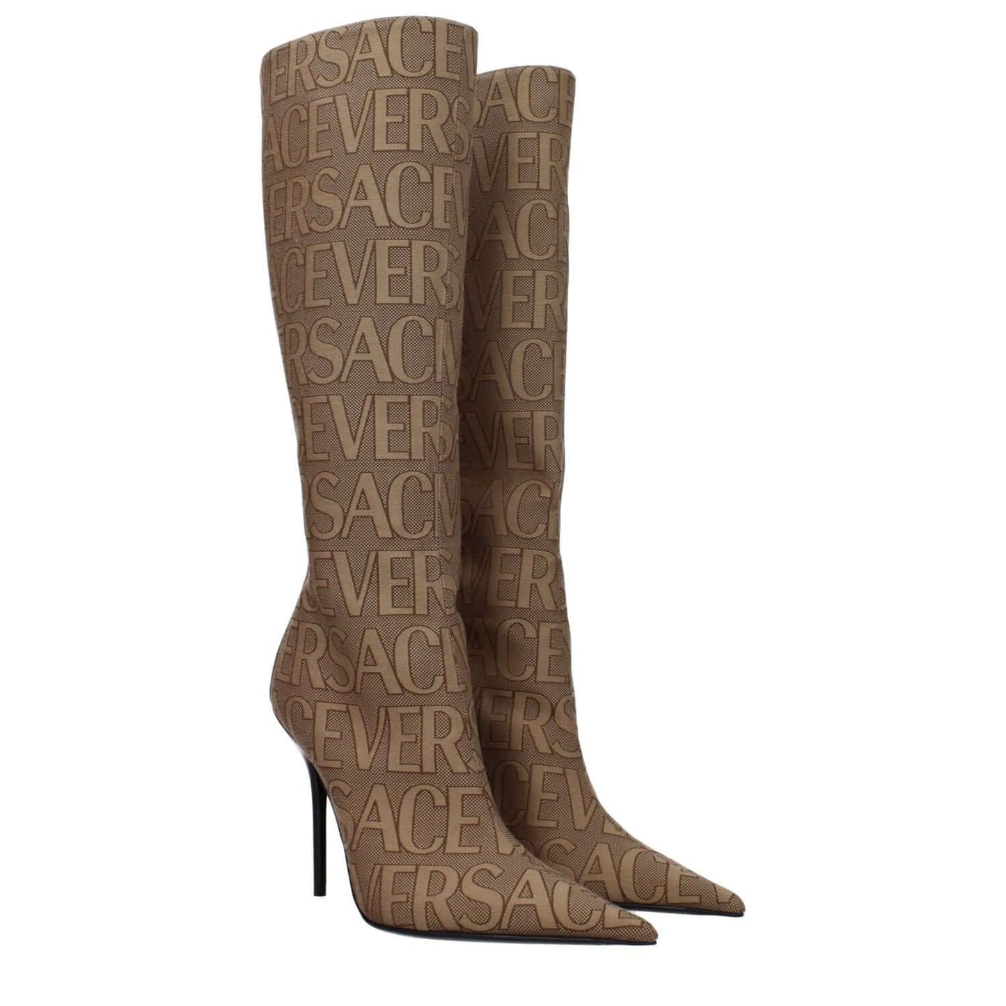 Versace Beige Fabric High Heel Boots with logo, pointy toe, zip closure, and leather sole, featuring a stylish casual design.