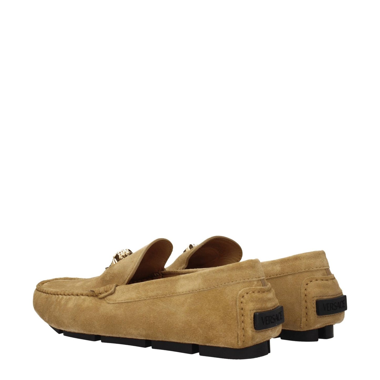 Versace Beige Leather Slip-On Loafers with gold accents, suede material, and round toe design, casual style with a flat heel and leather sole.