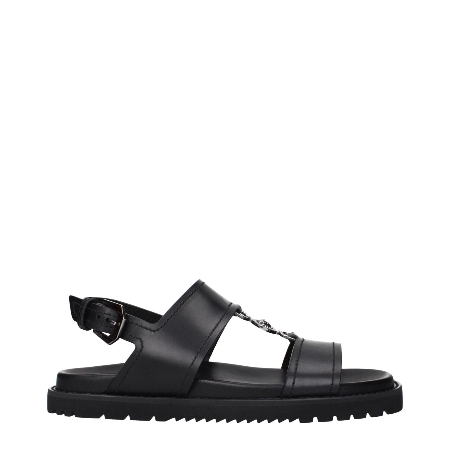 Versace Black Leather Flat Sandals
