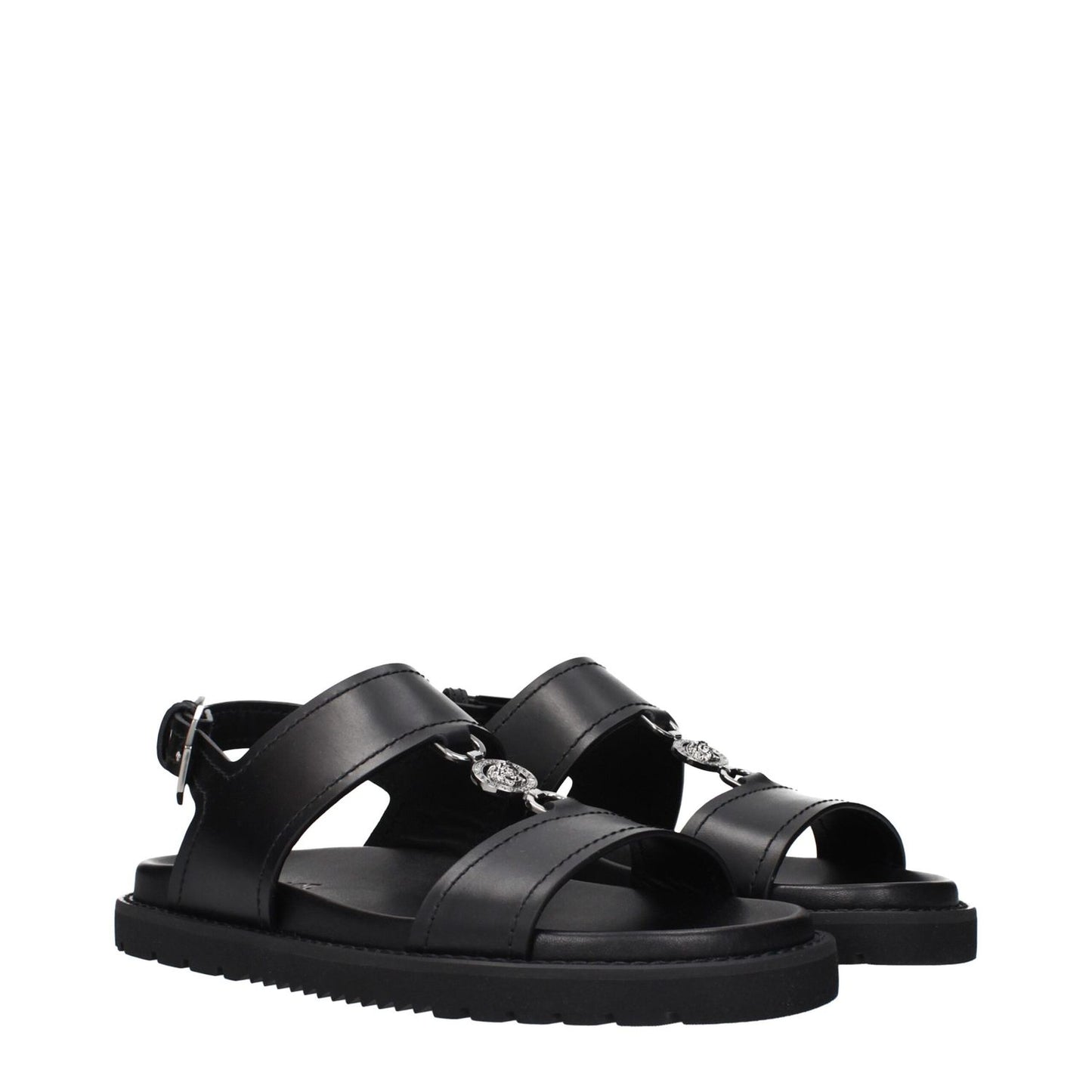 Versace Black Leather Flat Sandals