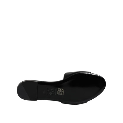 Versace Black Leather Logo Plaque Slip On Slides Flats Shoes
