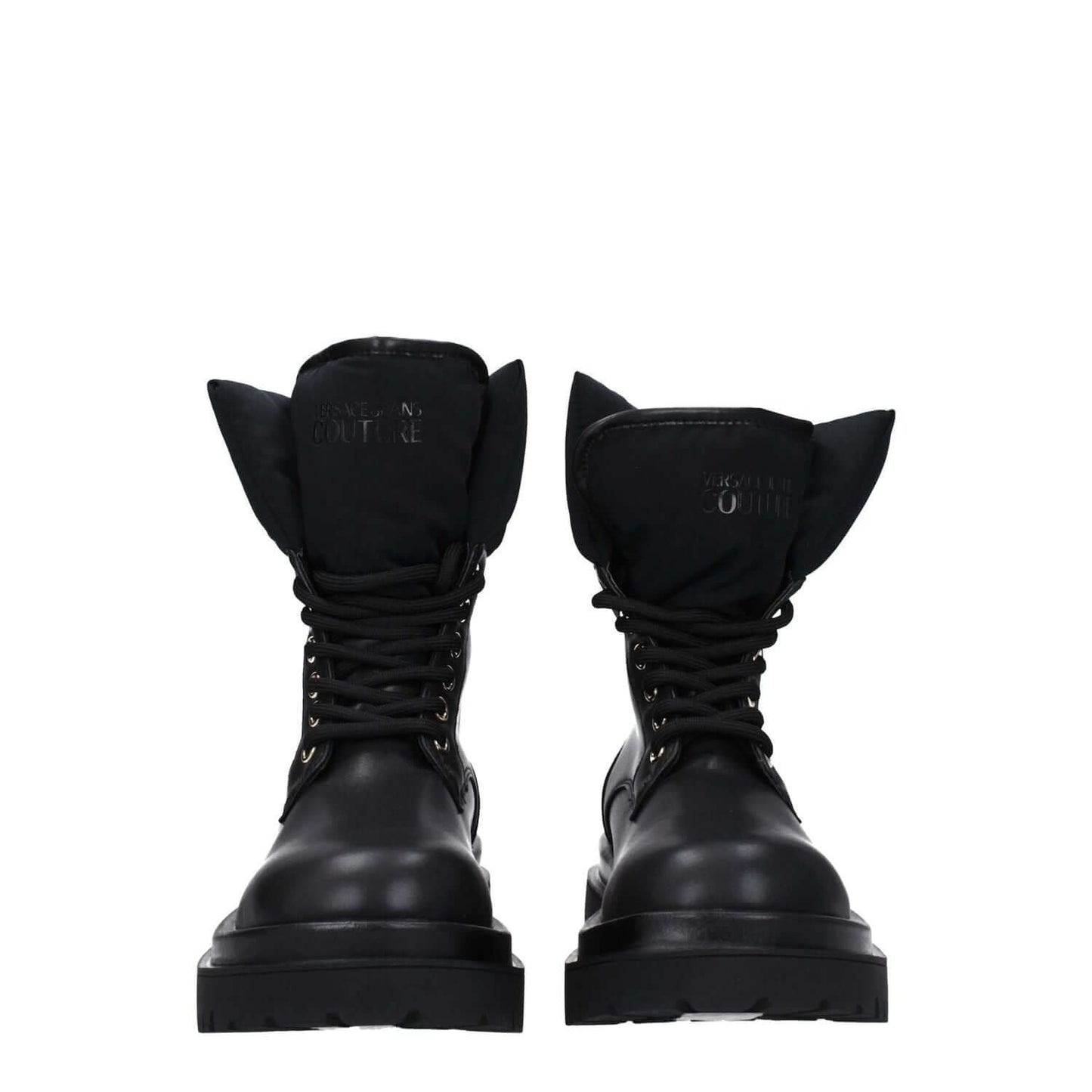Front view of Versace Jeans Black Polyethylene Ankle Boots with lace-up closure and logo detail.