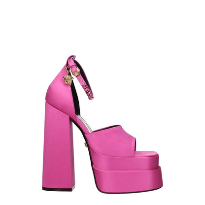 Versace Pink Satin Platform Sandals with rhinestones and buckle closure, 15.5 cm high heel, open toe, fuchsia satin material. MPN 1007717DRA671PK4V