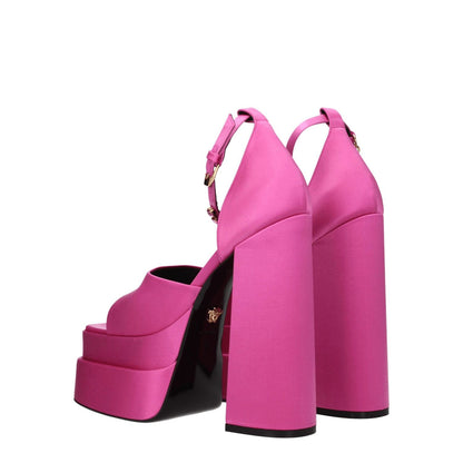 Versace Pink Satin Platform Sandals with buckle closure and rhinestone detail, featuring 15.5 cm high heels and open toe design.