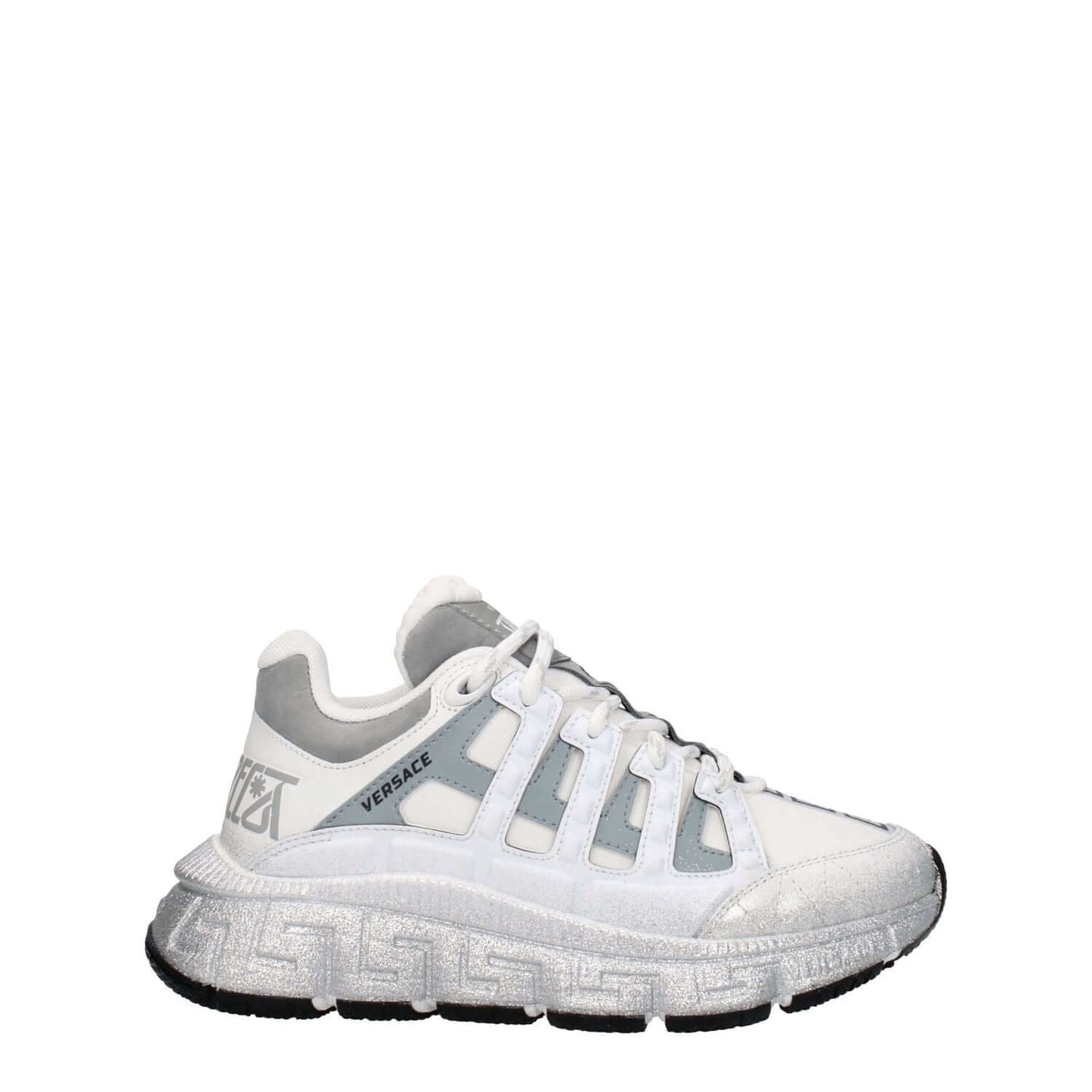 Versace White Fabric Athletic Sneakers with logos, lace-up closure, rubber sole, and mid heels, featuring silver accents and a round toe.