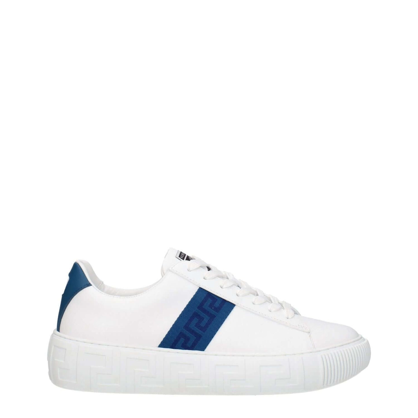 Versace White Leather Low Top Sneakers with dark teal side detail, lace-up closure, rubber sole, and front logo.