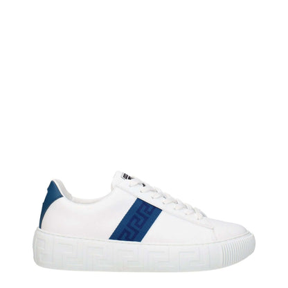 Versace White Leather Low Top Sneakers with dark teal side detail, lace-up closure, rubber sole, and front logo.