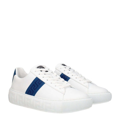 Versace White Leather Low Top Sneakers with dark teal accents, lace-up closure, round toe, and mid-heel design for casual style.