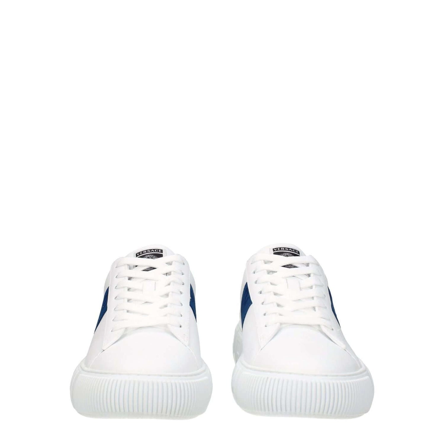 Versace White Leather Low Top Sneakers with dark teal side detail and front logo, casual lace-up style, round toe, rubber sole.