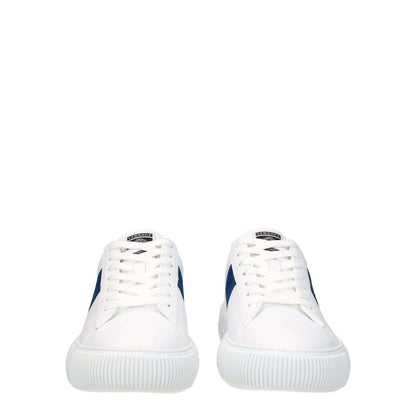 Versace White Leather Low Top Sneakers with dark teal side detail and front logo, casual lace-up style, round toe, rubber sole.