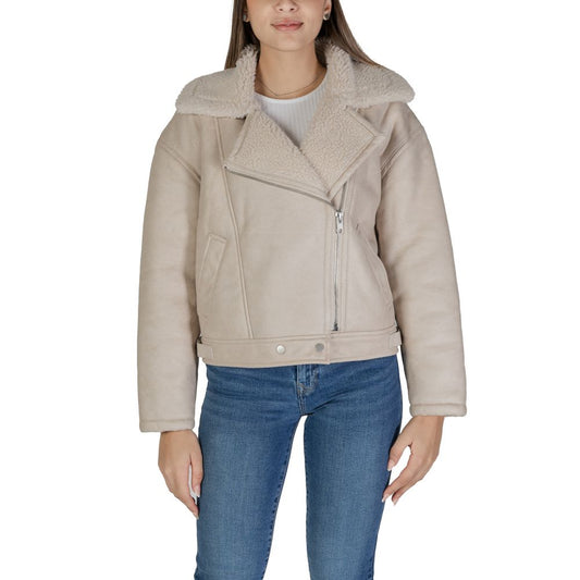 Vila Clothes Beige Artificial Leather Jackets & Coat with shearling-effect collar, classic biker style zipper, worn by a model in casual attire.