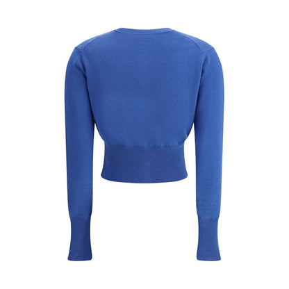 Back view of Vivienne Westwood Blue Cotton Cardigan with long sleeves and slim fit.