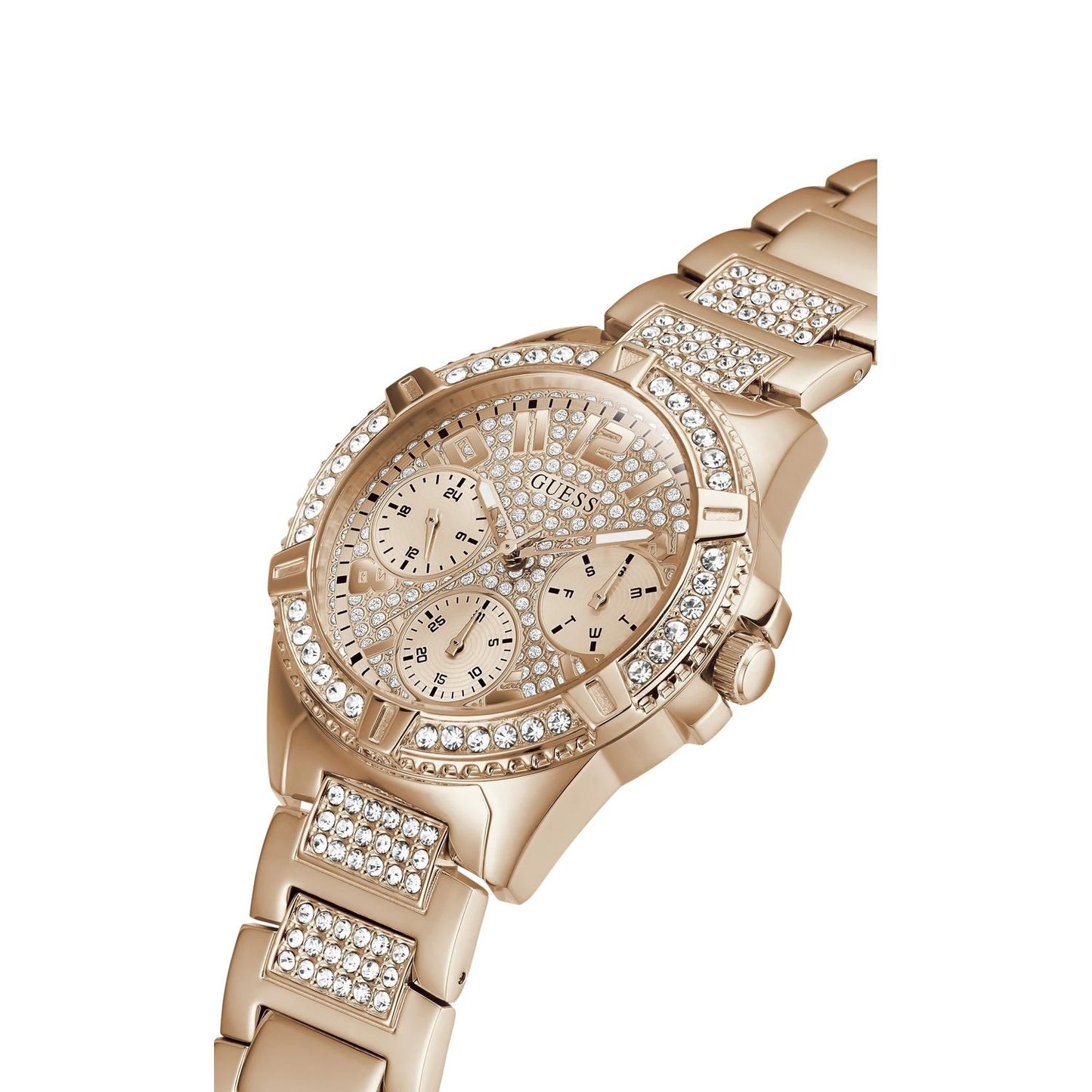 Rose gold GUESS analog watch with crystal embellishments and quartz movement, featuring a stylish round dial and link band.