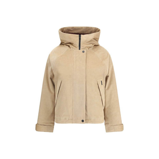 Woolrich Beige Cotton Clothing - Corduroy jacket with hood, zipper closure, buttons, quilted interior, perfect for outdoor comfort.