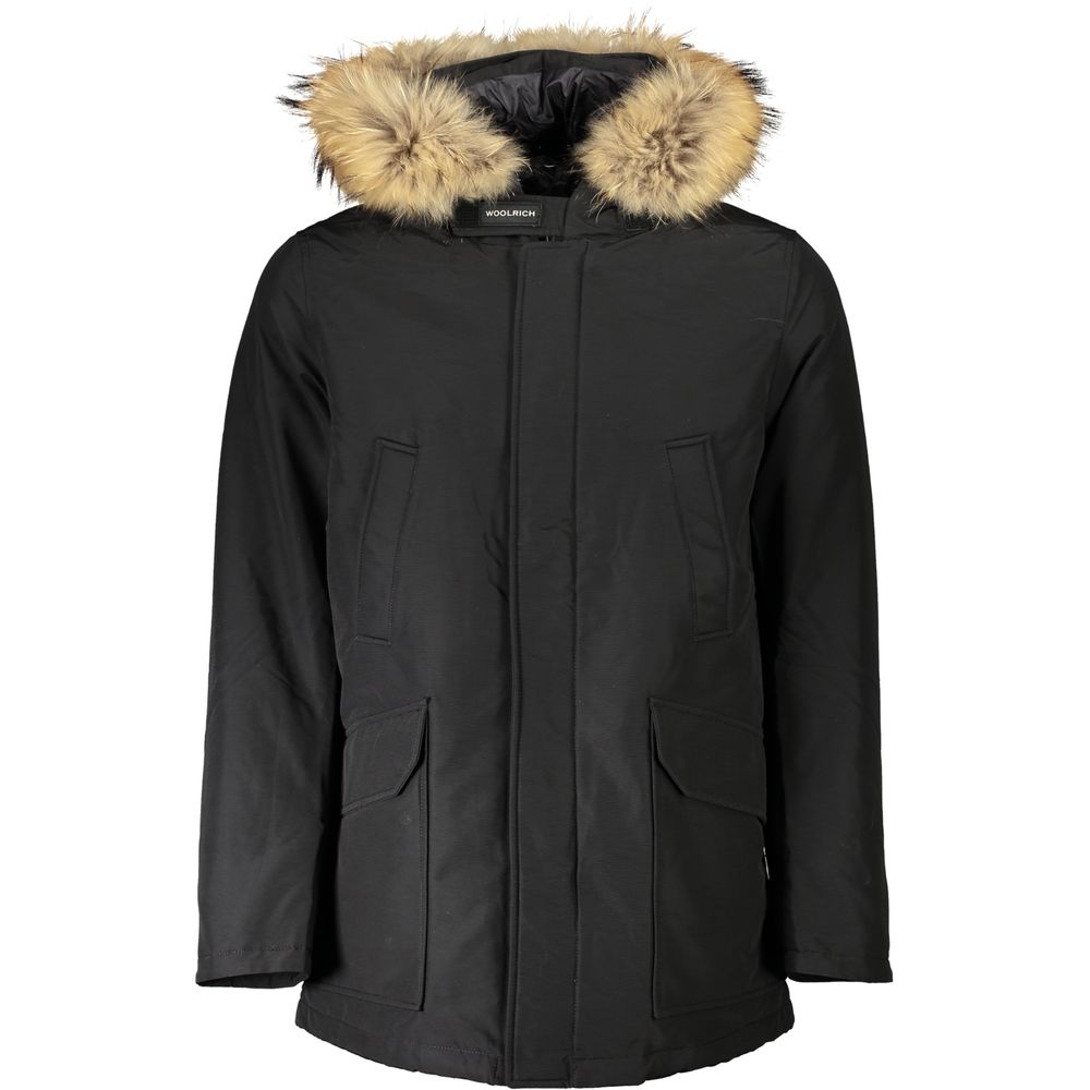 Woolrich Black Cotton Men Jacket with fur-lined hood and multiple pockets, perfect for stylish cold-weather outfits.