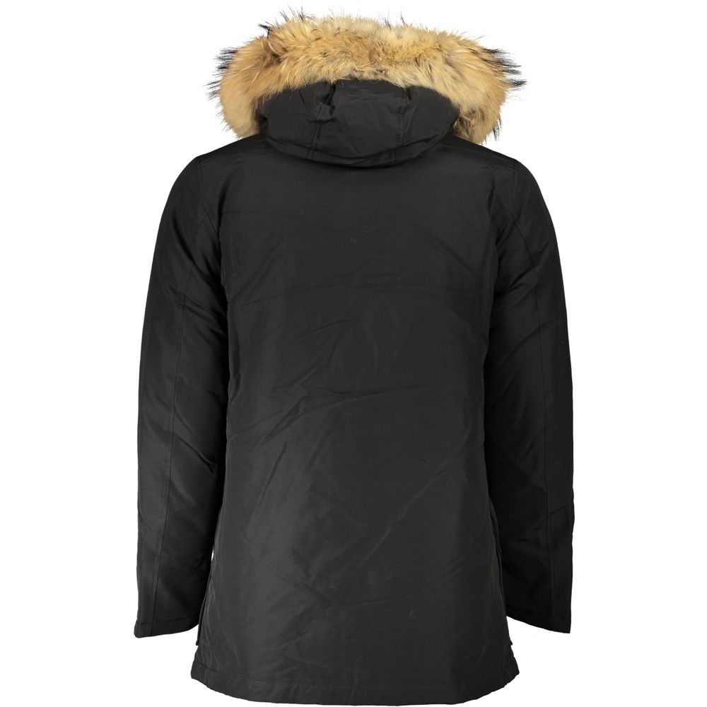 Woolrich Black Cotton Men Jacket with removable fur-trimmed hood, featuring back view of parka for winter style and sophistication.