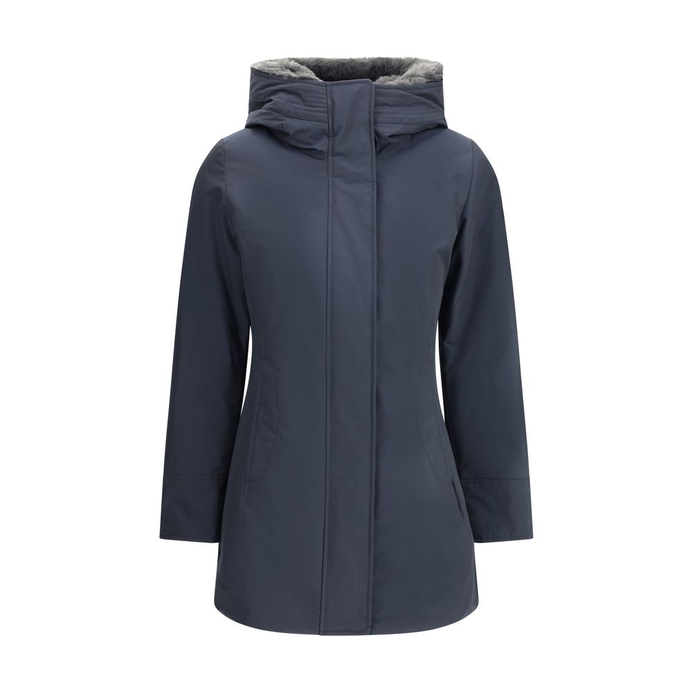 Woolrich Boulder Down Jacket with faux fur-lined hood and buttoned welt pockets, AW25 season. Made of 60% cotton, 40% nylon.