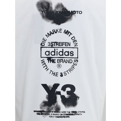 Y-3 White Cotton Sportswear with overlapping graphic logo on back, ribbed crew neck, 100% cotton, oversized fit for contemporary style.