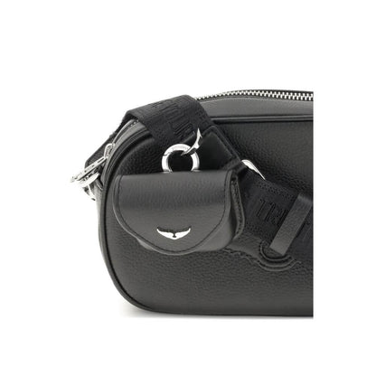 Close-up of Zadig & Voltaire Black Calf Leather Bos Taurus Shoulder Bag showing adjustable strap and key ring detail.