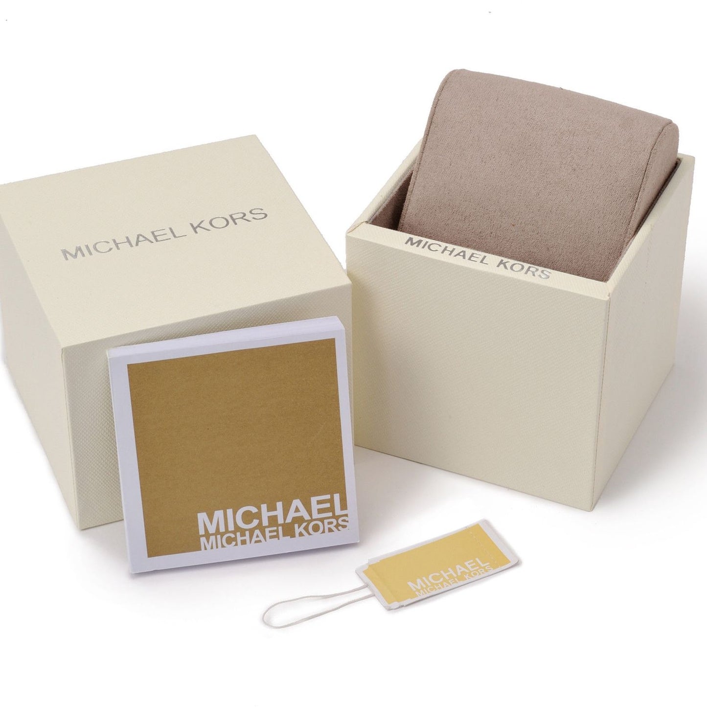 Official packaging of MICHAEL KORS Mod. EVEREST wristwatch with box, tags, and cushion display.